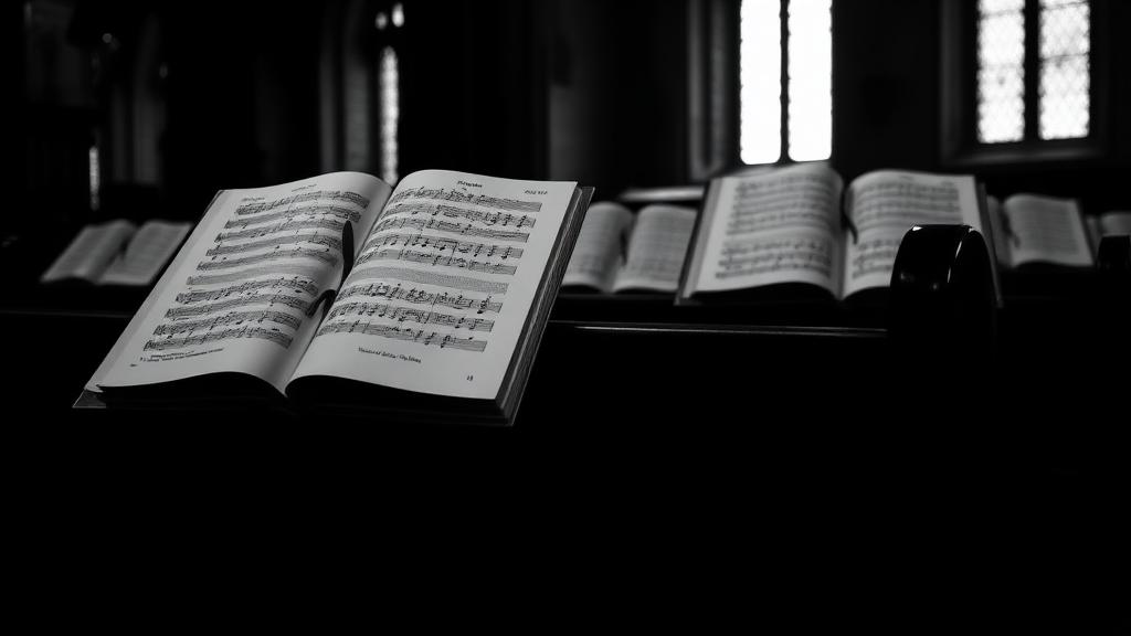 Dark black-and-white open hymn book in a chapel