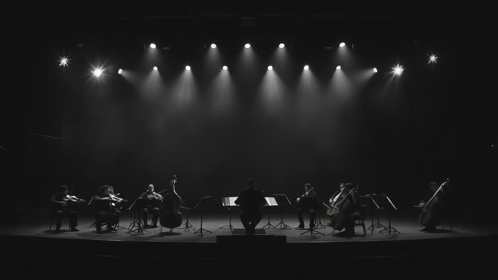 Dark black-and-white orchestra on a cinematic stage