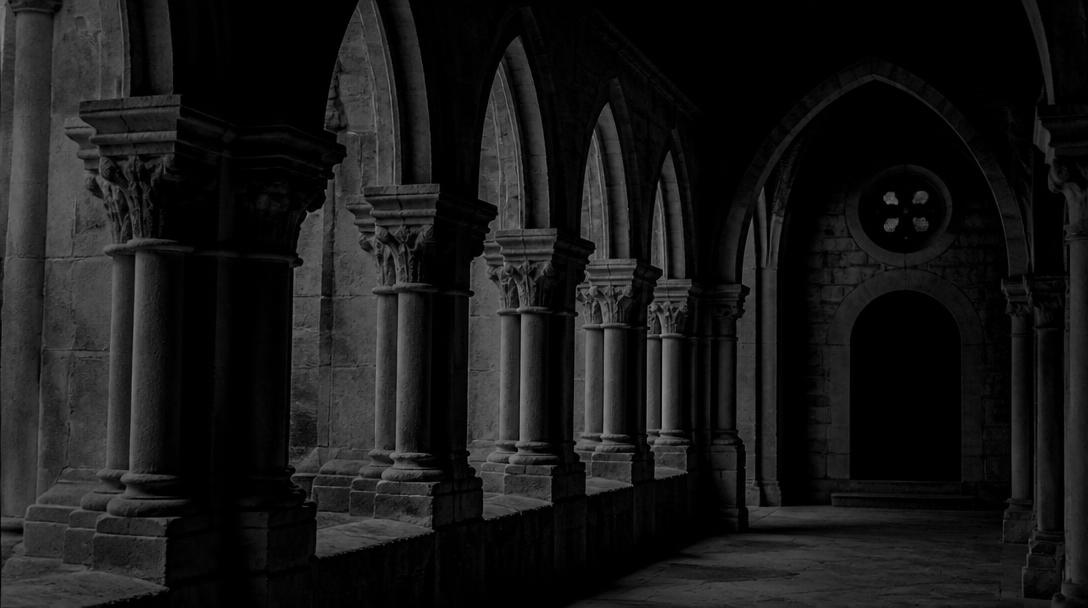 Dark black-and-white Gothic monastery cloister arches
