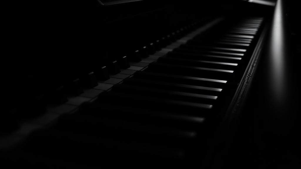Dark black-and-white close-up of piano keys