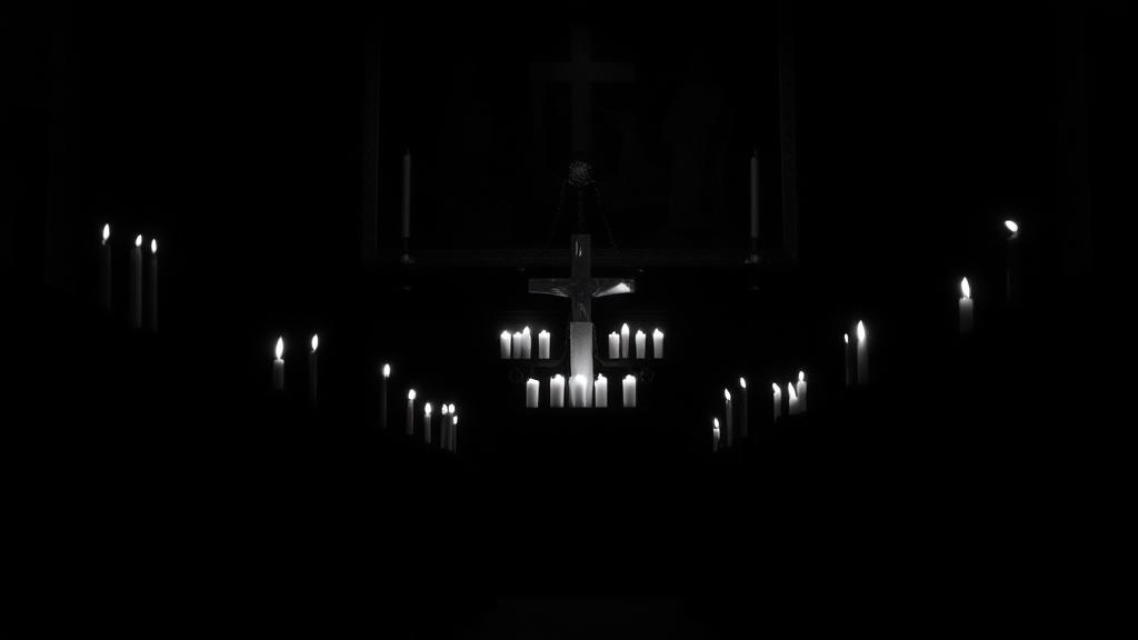 Dark black-and-white candles in a prayer chapel